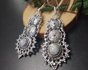 Silver Dangle Earrings With Stone || Bohemian Earrings With Semi Precious Stones || Ethnic Earrings