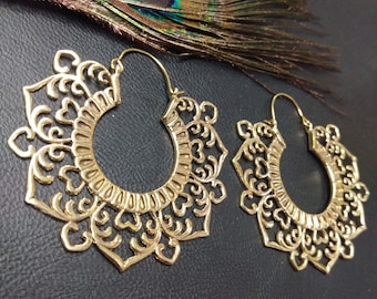 Large Decorated Hoop Earrings || Openwork Ethnic Creoles || Mandala Tribal Earrings