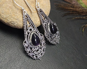 Silver Color Brass Drop Earrings with Amethyst || Medieval Gemstones Earrings || Bohemian Dangling Earrings