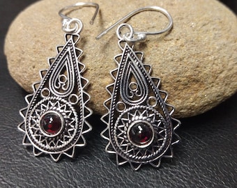 Silver Dangling Earrings With Semi Precious Stones || Bohemian Chic Ethnic Gemstone Earrings || Medieval  Drop Earring with Natural Stones