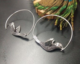 Bird Spiral Earrings ||  Minimalist Earrings || Original Spiral Hoops || Silver Colibri Earrings