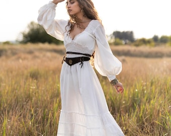 Handmade Off White Cotton Boho Dress | Ruffle Maxi with Puffed Sleeves