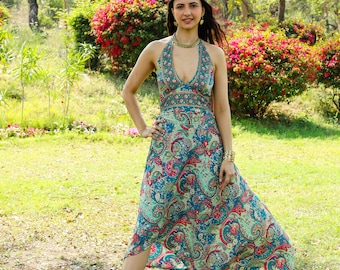 Long Backless Blue And Golden Summer Boho Dress || Free Size Polyester Fluid Wrap Dress  || Paisley Print Backless Dress