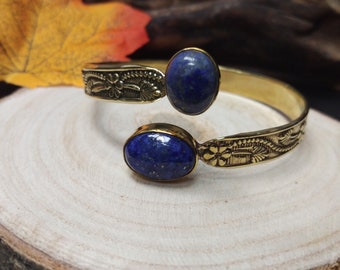 Golden Adjustable Medieval Cuff with Natural Stone ||  Ethnic Bracelet with Semi Precious Stones || Engraved Boho Brass Bangle