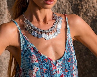 Ethnic Silvered Pieces Necklace || Oriental Necklace Decorated With Coins || Bohemian Afghan Style Necklace