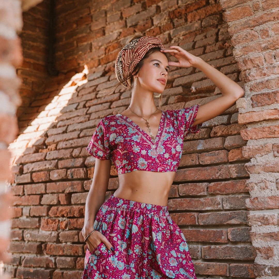 Boho Floral Print Crop Top | Pink Backless Halter, Short Sleeve - Etsy