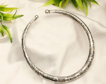 Silvered Brass Ethnic Chocker With Baroque Floral Print Inspired By Viking Torque || Hollow Tubular Rigid Tribal Necklace