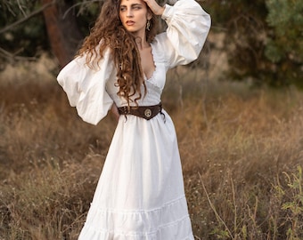 Long Off White Bohemian Dress With Ruffles ||  Plain Cotton Wedding Boho Dress || Fitted Maxi Dress With Long Puffed Sleeves