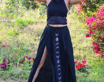 Black Bohemian Panel Skirt With Moon Phase Print || Open Cotton Voile Mystic Goddess Skirt || Long  Front Double Slit Skirt