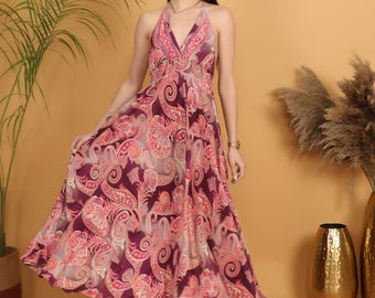 Boho Paisley Maxi Dress | Halter Neck Summer Dress | Backless Beach Dress | Flowing Festival Outfit | Soft Polyester Long Dress
