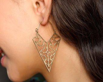 Aztec Patterns Brass  Oversize Triangle Hoop Earrings ||  Ethnic  Geometrical  Big Hoops Earrings || Tribal Geometric Earrings