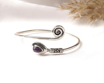 Silver Tone Spiral Cuff Bracelet | Adjustable Gemstone Bangle | Open Brass Bracelet | Oriental Spiral Wrist Cuff | Artisan Stone Jewelry