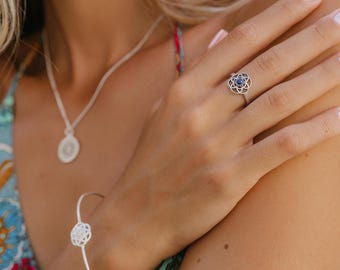 Flower of Life Adjustable Ring With Semi Precious Stone || Bohemian Chic Adjustable Brass Ring || Bohemian Chic Ring || Ethnic Ring