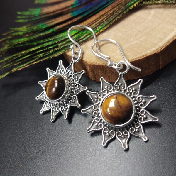 Boucles D'Oreilles Pendantes Argentées Avec Œil de Tigre || Boucles D'Oreilles Ethniques Pierres Fines || Boucles D'Oreilles Mandala