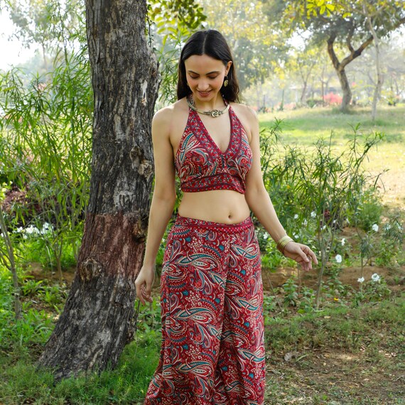 Handmade Burgundy Paisley Halter Top: Bohemian Open-back Bralette