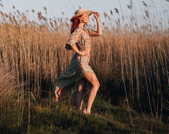 Sexy Summer Bohemian Long Dress || Floral Side Slit Dress || Low Back Maxi Dress || Open Back Dress With Wide Sleeves