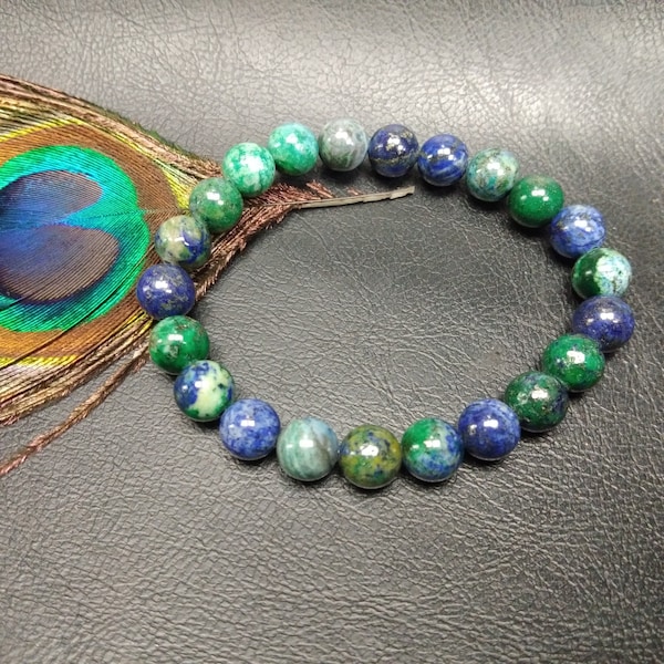 Bracelet en Azurite Malachite || Lithothérapie Bracelet Paix Intérieur || Bracelet Pierres de Soin Bleues et Vertes Perles 8mm