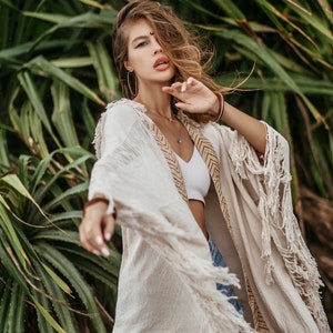 Bohemian Chic Kimono || Ethnic Print Kimono || Natural Material Kimono || One Size Kimono || Hemp Kimono in Off-White Beige