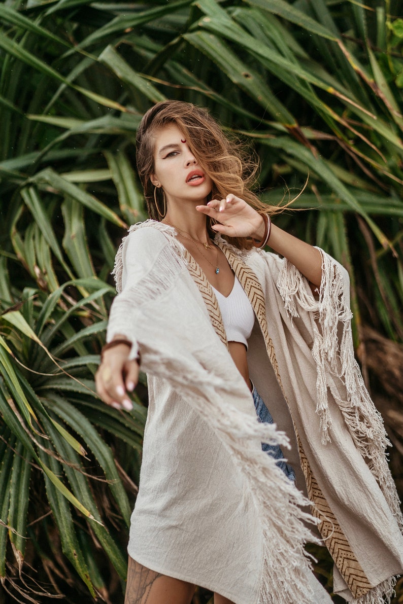 Bohemian Chic Kimono || Ethnic Print Kimono || Natural Material Kimono || One Size Kimono || Hemp Kimono in Off-White Beige