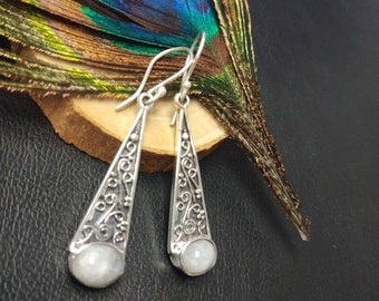 Silver Color Dangling Earrings with Natural Stones || Fine Stones Ethnic Earrings || Bohemian Earrings