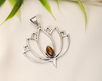 Boho Lotus Pendant with Semi Precious Stone || Lotus Openwork Pendant || Spiritual Symbol Pendant With Gem Stone || Bohemian pendant
