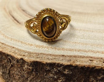 Boho Golden Brass Ring With Natural Stone || Adjustable Ethnic Ring With Gemstone ||  Vintage Ring With Ovale Stone Cabochon
