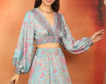 Floral Print light blue and pink Polyester Boho Crop Top To Tie In The Back With Buttoned Puffed Sleeves And Open Back
