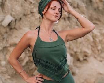 Green Back Lacing Raw Cotton Top || Vegetable Dye Bare Back Top ||  Natural Fabric Block Print Pointed Cut Top || Free Size Boho Crop Top