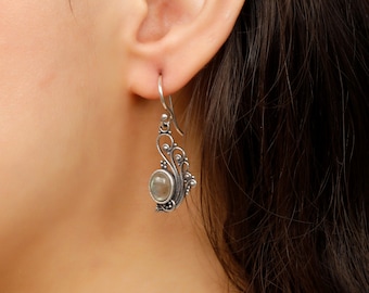 Ethnic Brass Earrings: Swirling Patterns, Oval Stone, Bohemian Dangle