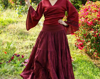 Long  Bottle Wine Boho Cotton Veil Skirt || Flowing Skirt for Gypsy Dancing || Maxi Skirt With Ruffles For Oriental Dance