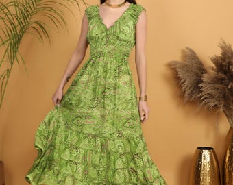 Green Paisley Boho Maxi Dress | Earthy Vintage Print Ruffle Tiered Dress | Flowy Bohemian Festival Summer Outfit