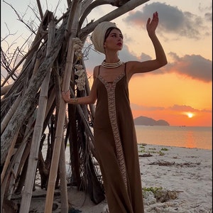 Hemp Backless Dress | Bohemian Vegetable Dye, Brown Boho Gown