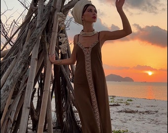 Bohemian  Vegetable Dye Alter Dress || Free Size Dress Natural Material || Hemp Backless Dress || Brown Boho Dress