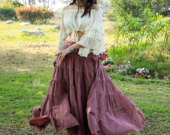 Long  Rosewood Boho Cotton Veil Skirt || Flowing Skirt for Gypsy Dancing || Maxi Skirt With Ruffles For Oriental Dance