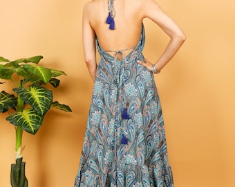 Handmade Bohemian Blue Paisley Halter Dress | Ruffled Open Back