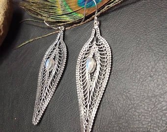 Boucles D'Oreilles Pendantes Argentées avec Pierre Semi Précieuses || Boucles D'Oreilles Filigranées avec Pierre Fine