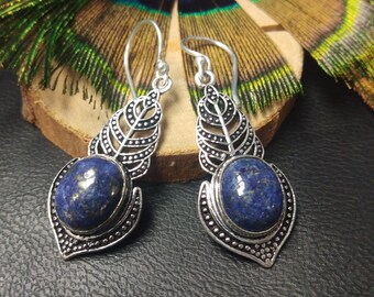 Ethnic Dangling Silver Earrings "Peacock Feather" || Bohemian Earrings With Semi Precious Stones