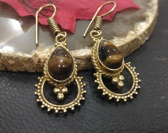 Drop Dangling Earrings With Gemstones ||  Boho Brass Earrings With Natural Stones || Vintage Openworked Earrings With Real Stones