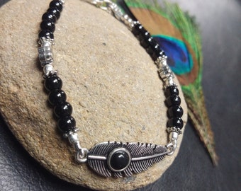 Bracelet Argenté en Perles de Pierres Semi Précieuses Motif Plume || Bracelet Pierres Fines || Bracelet Réglable Symbole Amérindien