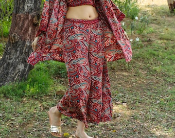 Burgundy Bohemian Polyester Printed Flair Trousers ||  Free Size Palazzo Pants || Wide Leg Lounge Pants