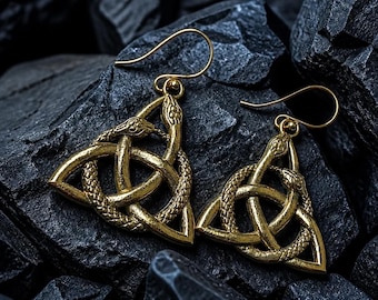 Brass Triangle Snake Earrings, Viking Triskele Jewelry