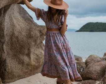 Puffed Sleeves Petite Dress || Floral  Prints Midi Dress || Fluid Short Sleeves Dress || Bohemian Pink With Golden Dress