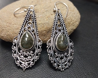Dangling  Silver Color Brass Earrings with Labradorite || Ethnic Natural Stone Earrings || Bohemian Drop Earrings