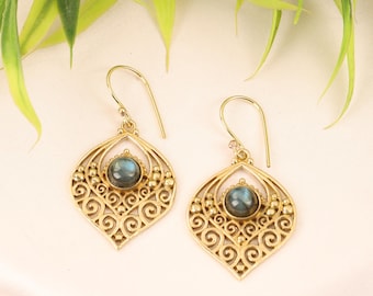 Boho Tribal Scroll Brass Earrings with Natural Gemstone | Ethnic Ornemental Openwork Dangle Earrings | Medieval inspired Jewelry