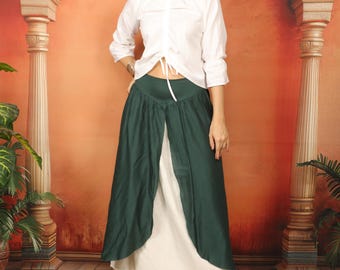 Medieval Inspired Two Tone Skirt With V Shape Belt || Viscose Long  Flowing Skirt || Boho Bottle Green  and White Color Role Play Petticoat