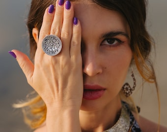 Nomadic Tribe Mandala Ring || Ethnic Round Chunky Ring || Boho Silver Color Adjustable Curved Ring || Tribal  Boho Jewelry