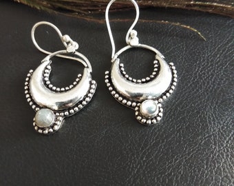 Silvered Half Moon Dangling Earrings with Semi Precious Stones || Gemstones Ethnic Earrings