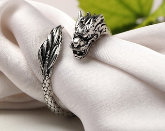 Adjustable Mythical Dragon Wrap Ring | Medieval Fantasy Statement Brass Ring | Viking Inspired Jewelry