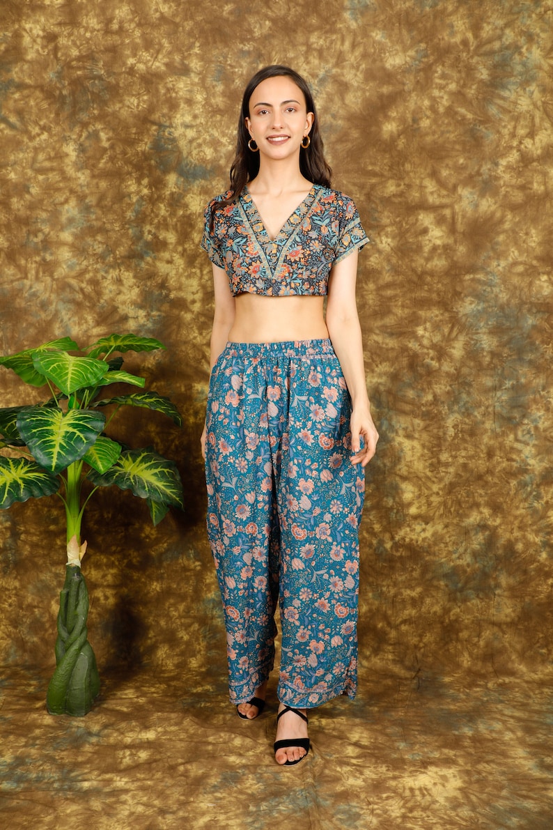 Petrol Blue Floral Print Casual Pants