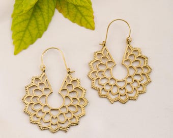Boho Lotus Hoop Earrings | Sacred Lotus Brass Hoops | Mandala Openwork Earrings | Botanical Ethnic Jewelry